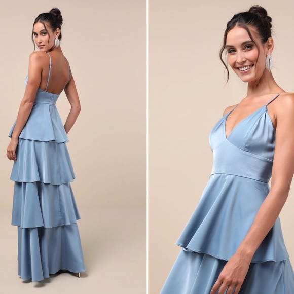 LULU's Prom Wedding Bridesmaid Satin Boho Tiered Ruffles Navy Maxi Dress - Picture 4 of 5